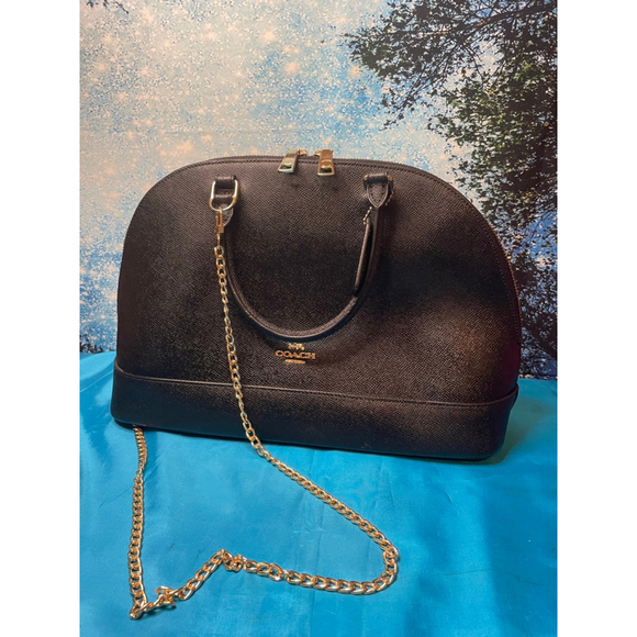Women's Coach Black / Gold Dome Satchel Crossbody Bag 24” Gold Chain EUC - Picture 2 of 16